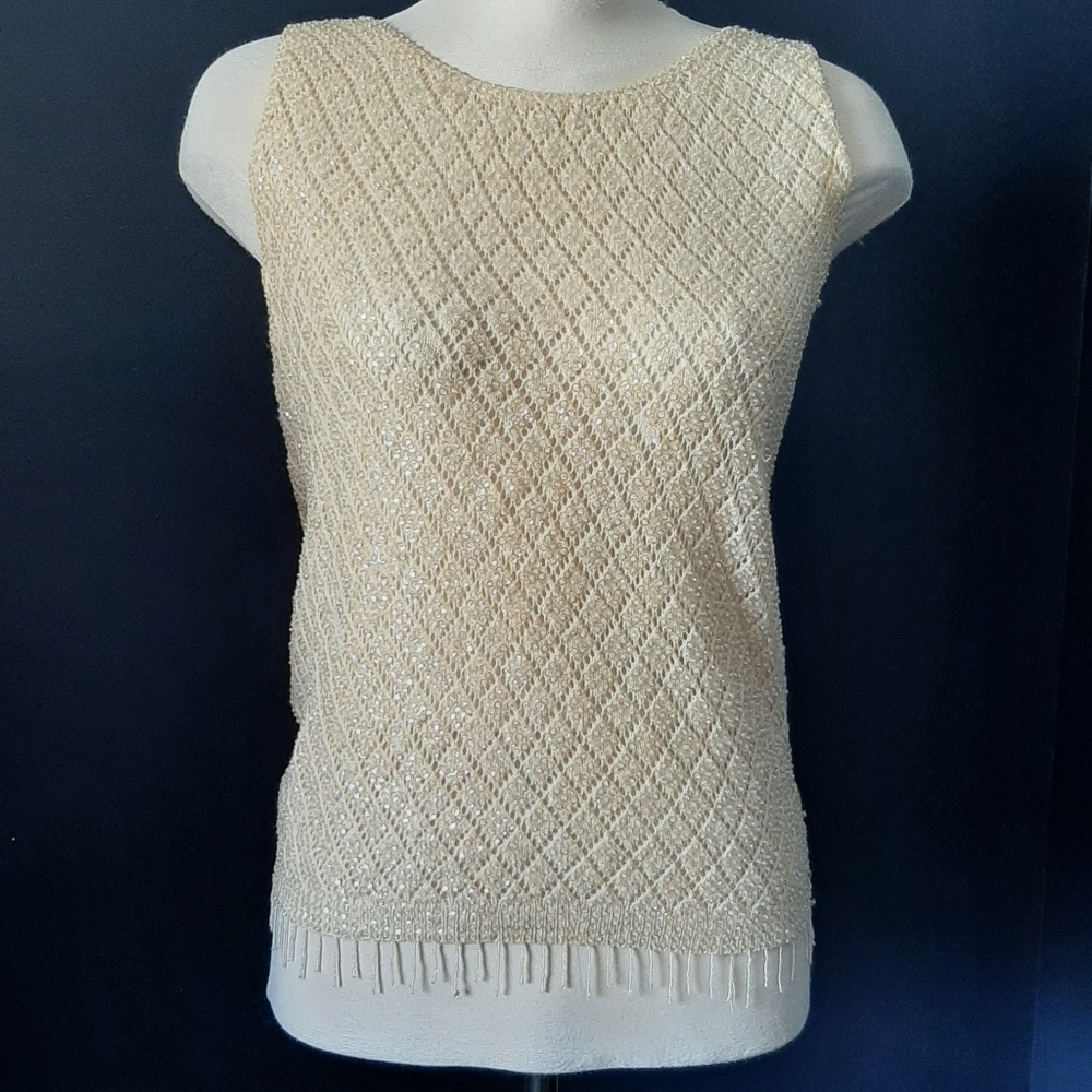 Vintage cream knit beaded sequin sleeveless top